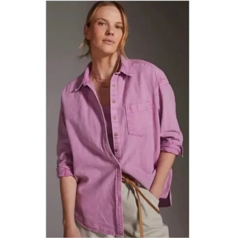 Pilcro Button Down Shirt Womens Small Pink Cotton Linen Oversized Long Sleeve